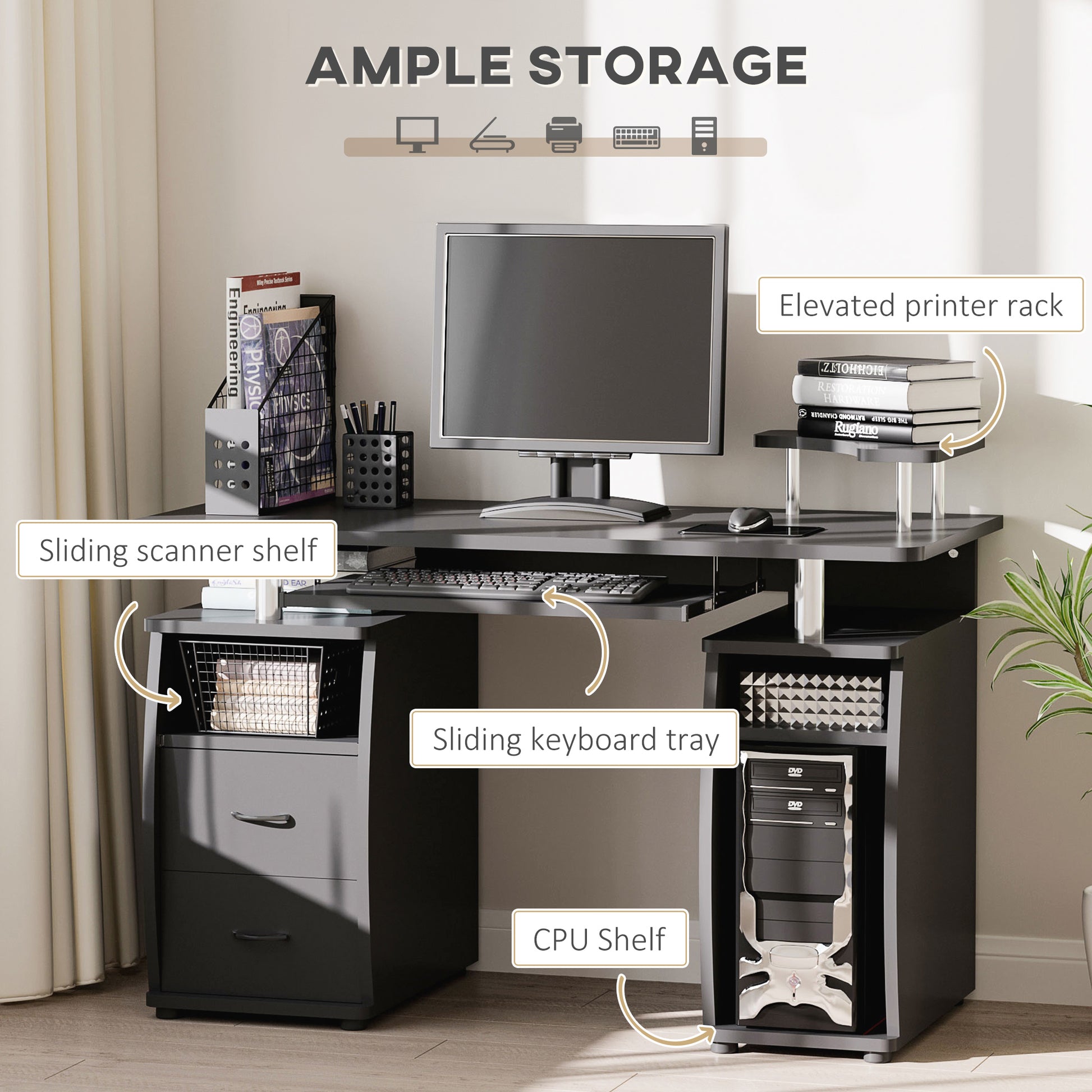 Computer Desk with Keyboard Tray, CPU Stand, Writing Desk with Drawers, Workstation for Home Office, Black Computer Desks   at Gallery Canada