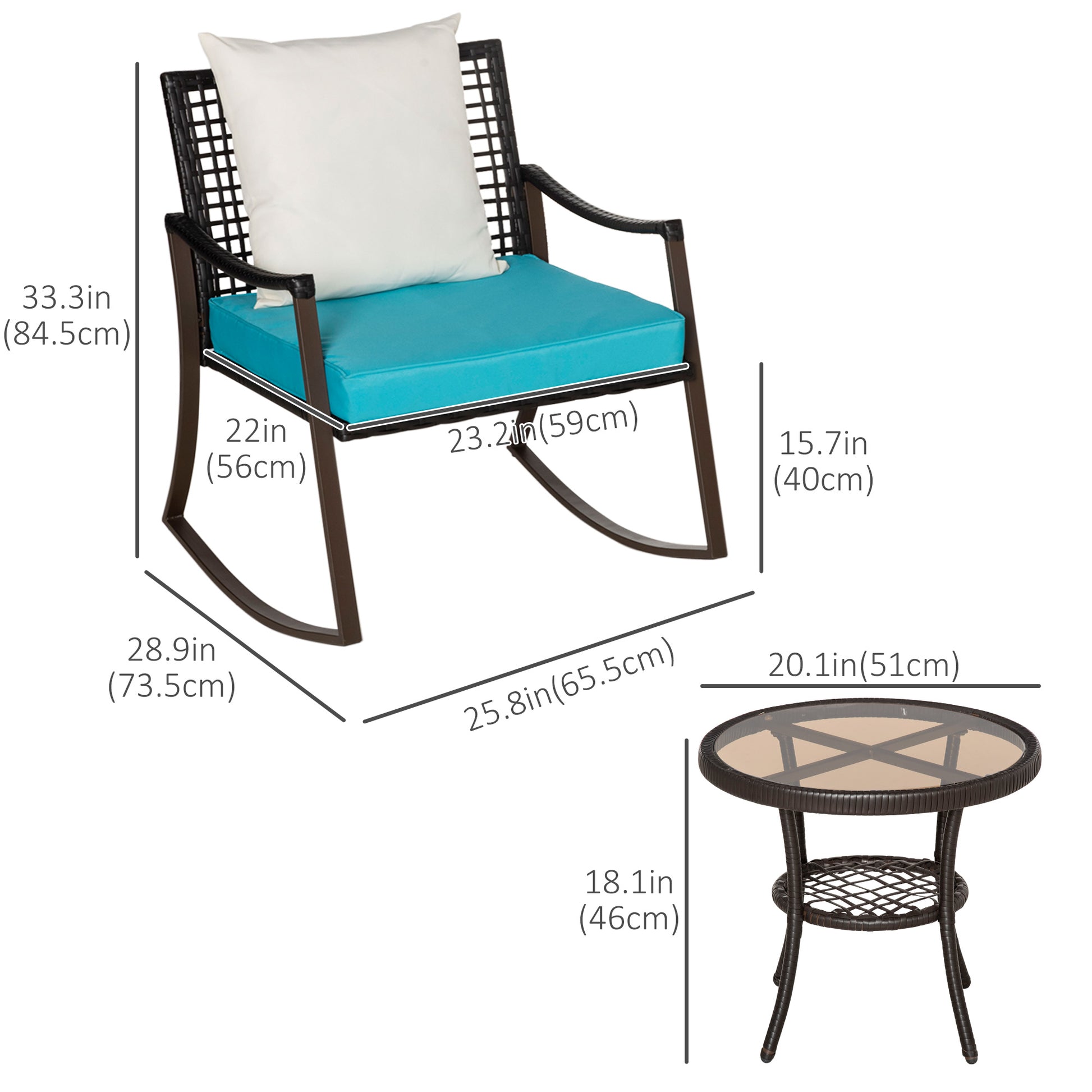 3-Piece Wicker Rocking Patio Set with Cushions, Pillows, Glass Table, Green Outdoor Rocking Chairs   at Gallery Canada