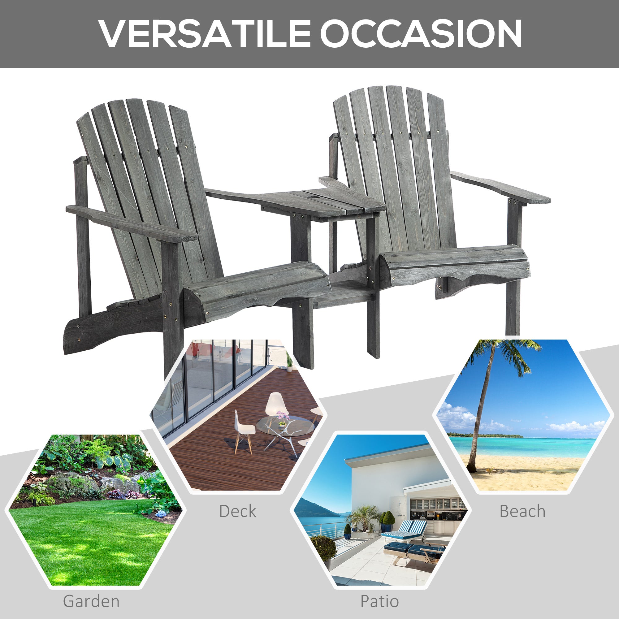 Double Wooden Adirondack Chair with Middle Table, Outdoor Patio Porch Tete-A-Tete Bench Two Seater w/ Umbrella Hole, Grey Patio Chairs   at Gallery Canada