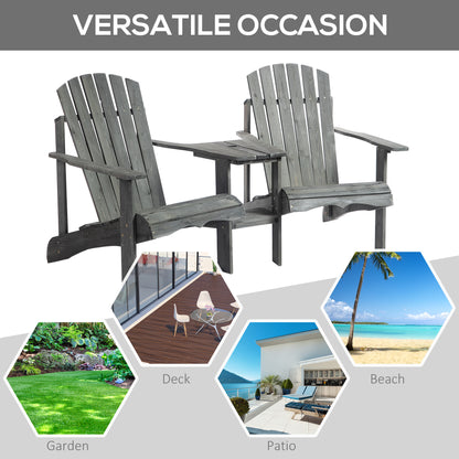 Double Wooden Adirondack Chair with Middle Table, Outdoor Patio Porch Tete-A-Tete Bench Two Seater w/ Umbrella Hole, Grey Patio Chairs   at Gallery Canada