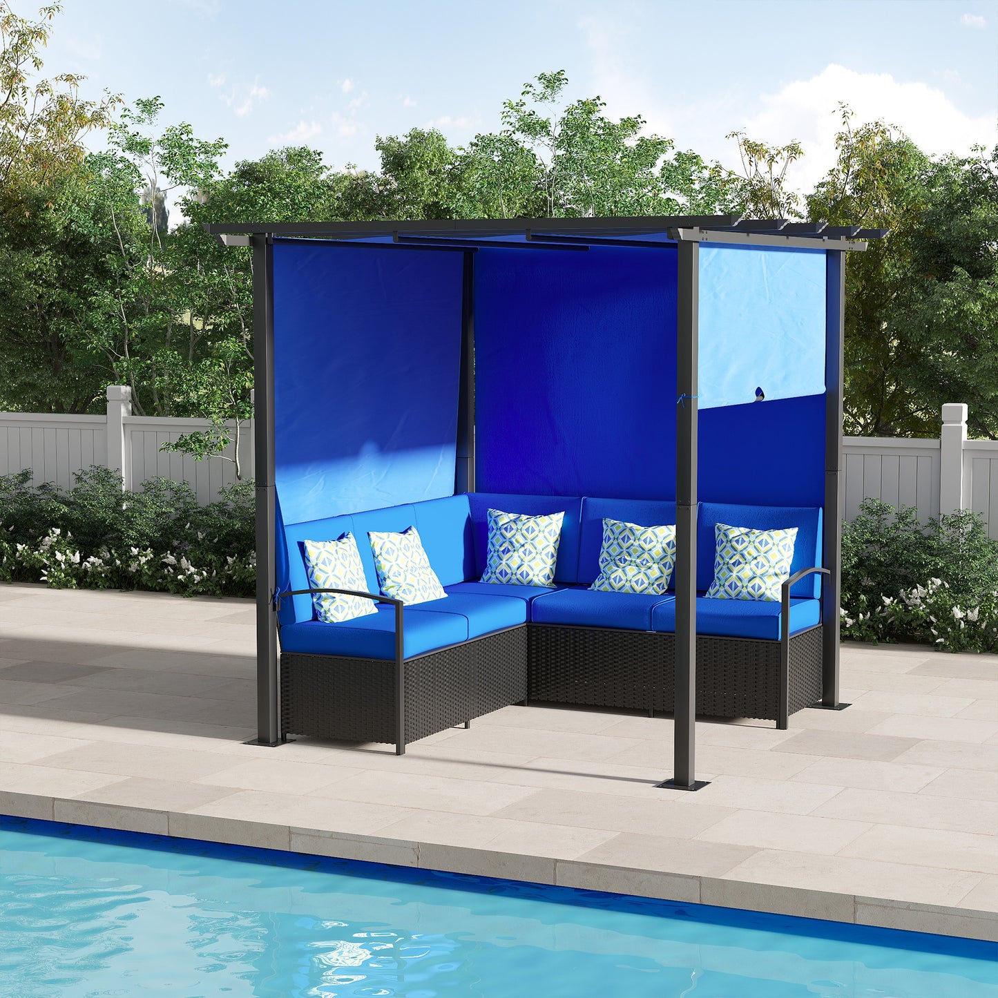 Wicker Patio Furniture, Outdoor PE Rattan Sofa Set with Retractable Canopy Pergola, Shade Shelter for Deck, Pool, Garden, Terrace, Blue Patio Furniture Sets   at Gallery Canada