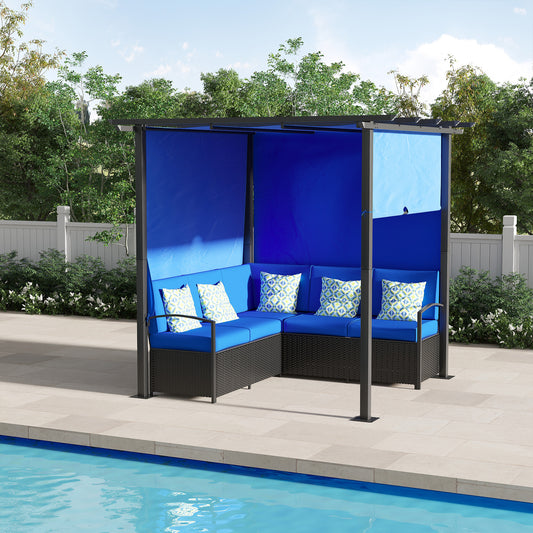 Wicker Patio Furniture, Outdoor PE Rattan Sofa Set with Retractable Canopy Pergola, Shade Shelter for Deck, Pool, Garden, Terrace, Blue - Gallery Canada