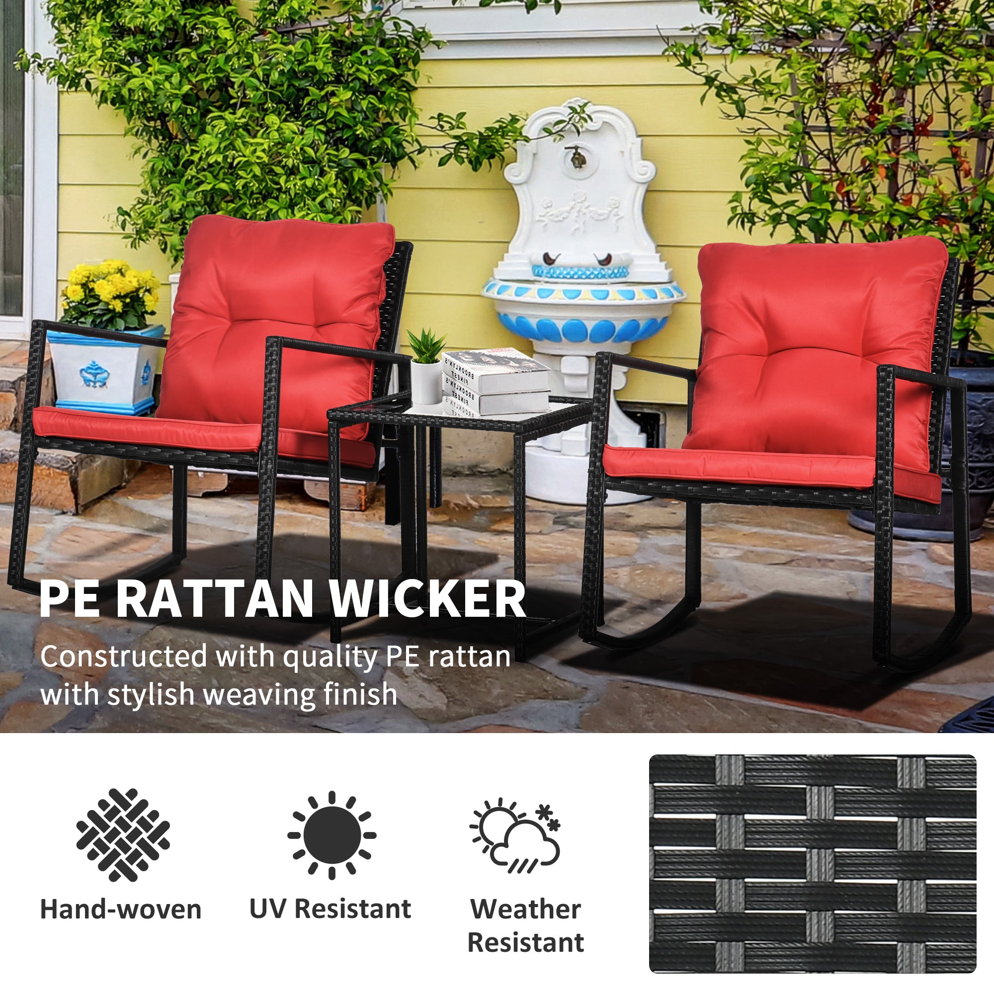 Outdoor Wicker Rocking Bistro Set with Cushions and Glass Table, Red Outdoor Rocking Chairs   at Gallery Canada