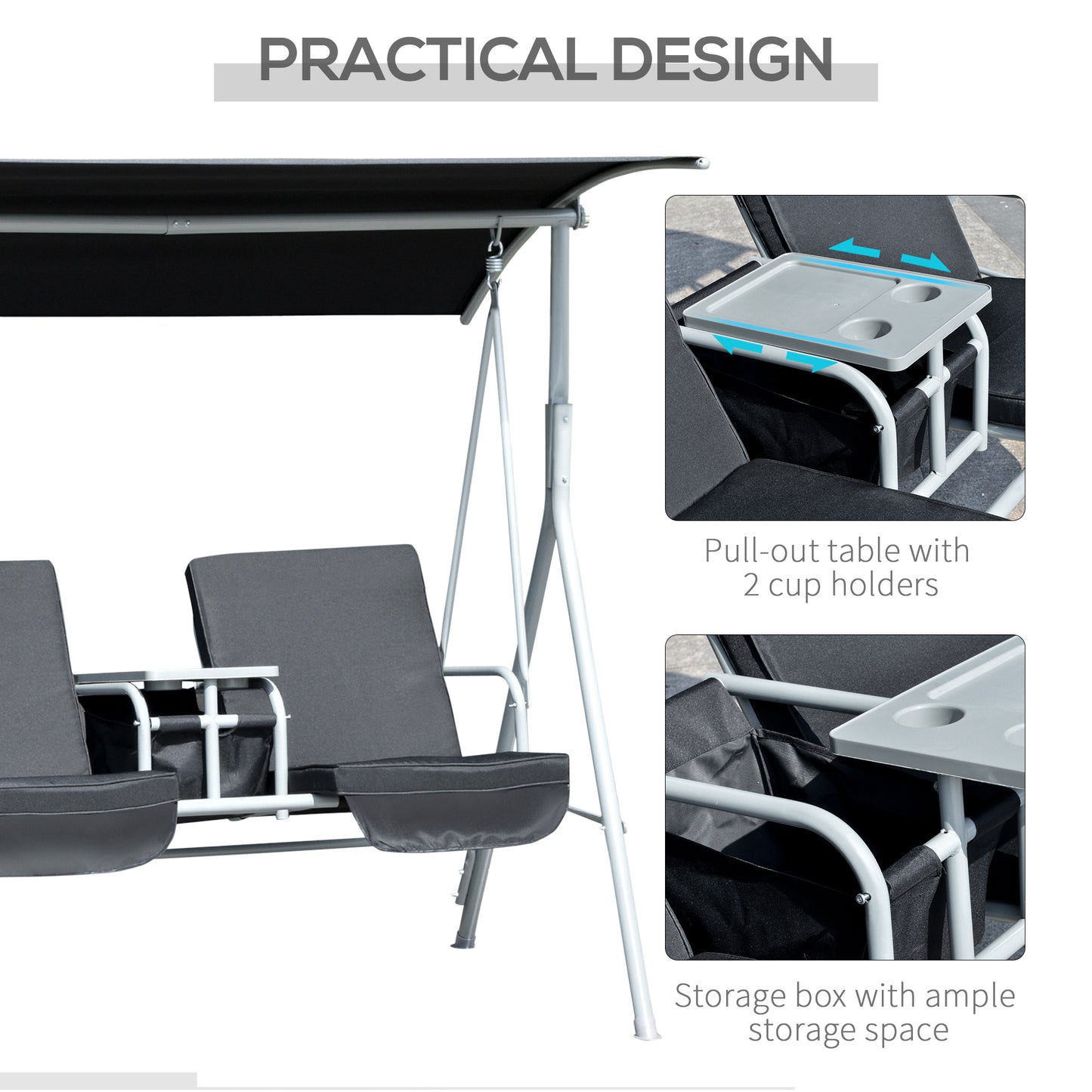 Double Outdoor Swing Chair 2 Person Covered Swing Porch Swing w/ Pivot Table and Storage Console, Black - Gallery Canada