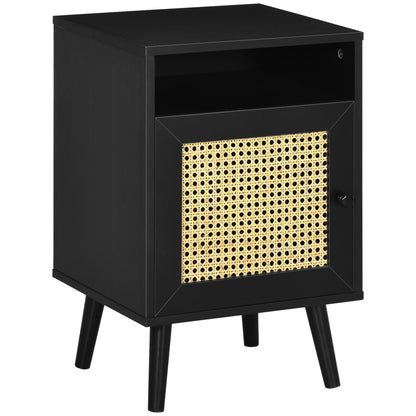 Bedside Table with Rattan Element, Side End Table with Shelf and Cupboard, 15.4"x13.8"x23.6", Black Bedside Tables Black  at Gallery Canada