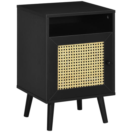 Bedside Table with Rattan Element, Side End Table with Shelf and Cupboard, 15.4"x13.8"x23.6", Black - Gallery Canada