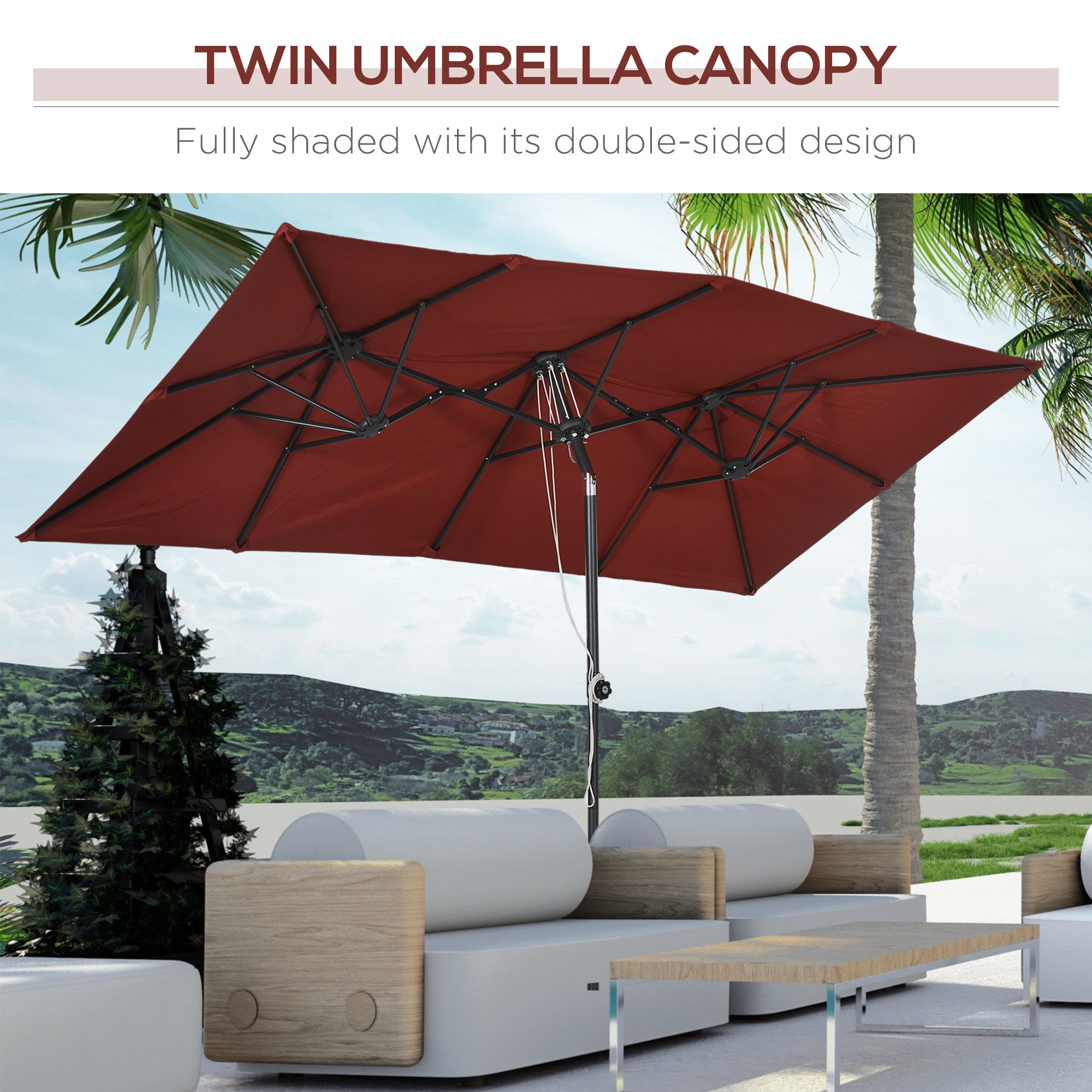 Double-Sided Patio Umbrella Parasol with Tilt, Adjustable Height, Vents and 12 Ribs, for Garden, Deck, Pool, Wine Red Sun Umbrellas   at Gallery Canada