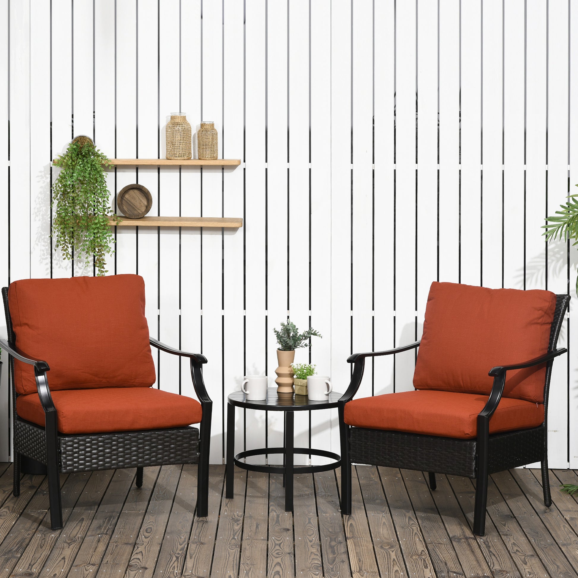 3 Pieces Patio Wicker Bistro Set, Outdoor PE Rattan Balcony Furniture with Soft Padded Cushions &; Iron Plate Top Table for Garden, Backyard, Red Bistro Sets   at Gallery Canada