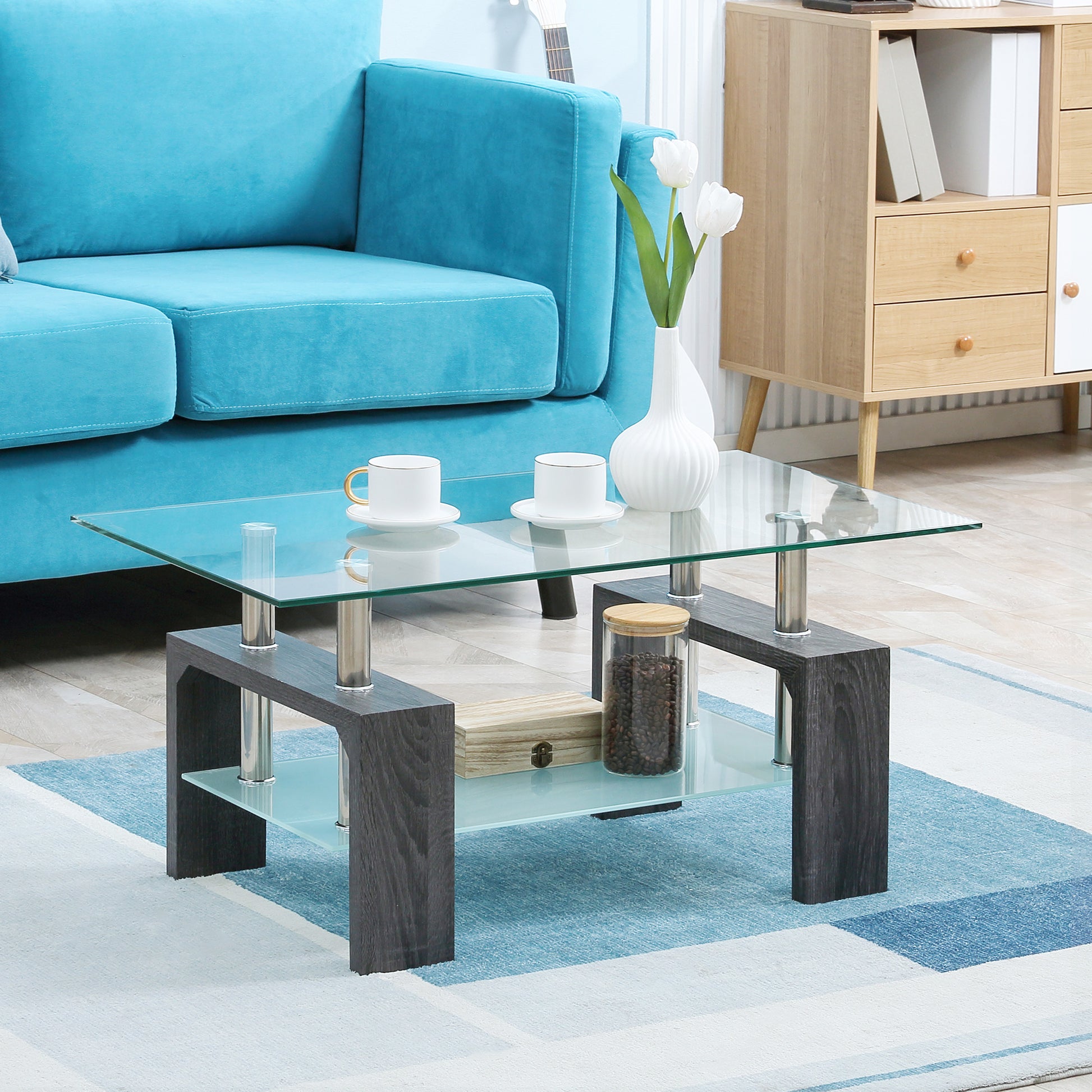 Rectangle Glass Coffee Table, 2-Tier Center Table with Tempered Glass Top and Storage Shelf for Living Room, Grey Coffee Tables   at Gallery Canada