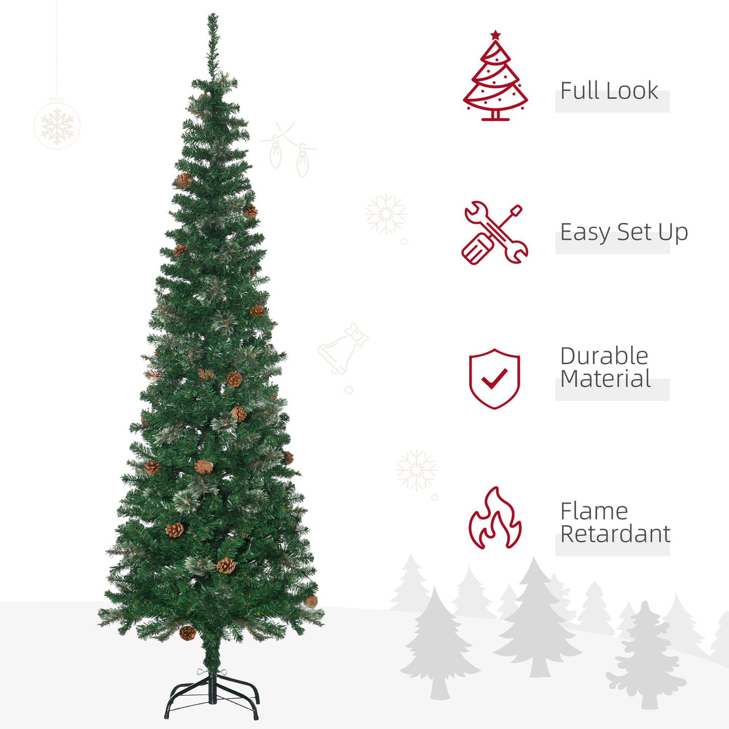 6.5ft Pencil Christmas Tree, Artificial Christmas with Pine Needles, Realistic Branches, Pine Cones, Metal Base, Green Pencil Christmas Trees   at Gallery Canada