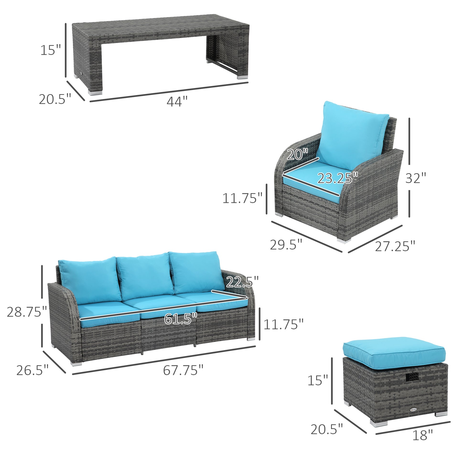 6-Piece Wicker Patio Furniture Set with Cushions, Recliners, Footstools, Table - Sky Blue Patio Furniture Sets   at Gallery Canada