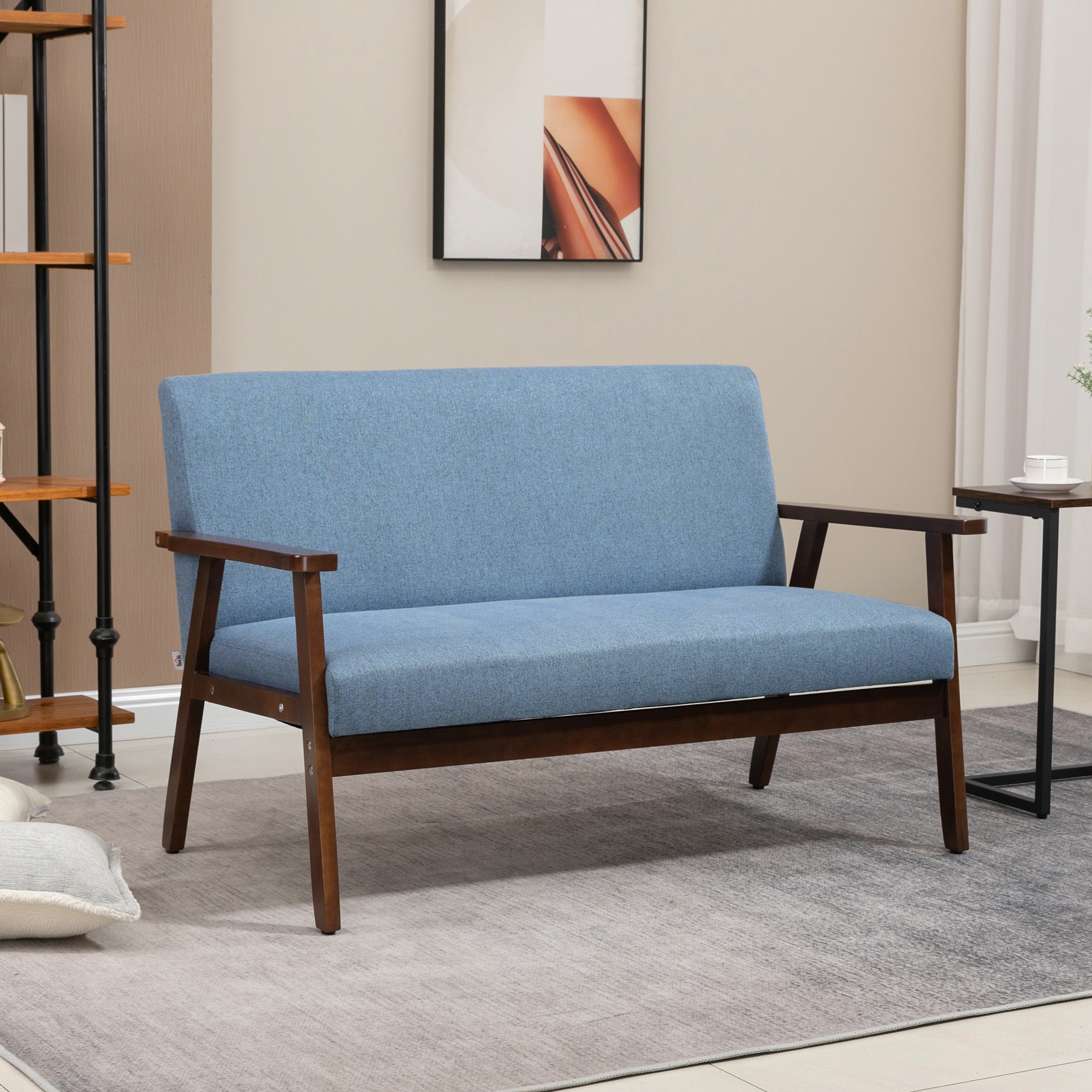 Compact Loveseat Sofa Couch Linen Fabric Double Seat Sofa with Rubber Wood Frame Blue 2-Seater Sofas   at Gallery Canada