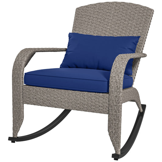 Adirondack Chair, Outdoor Wicker Rocking Chair with High Back, Seat Cushion and Pillow for Porch, Balcony, Dark Blue - Gallery Canada