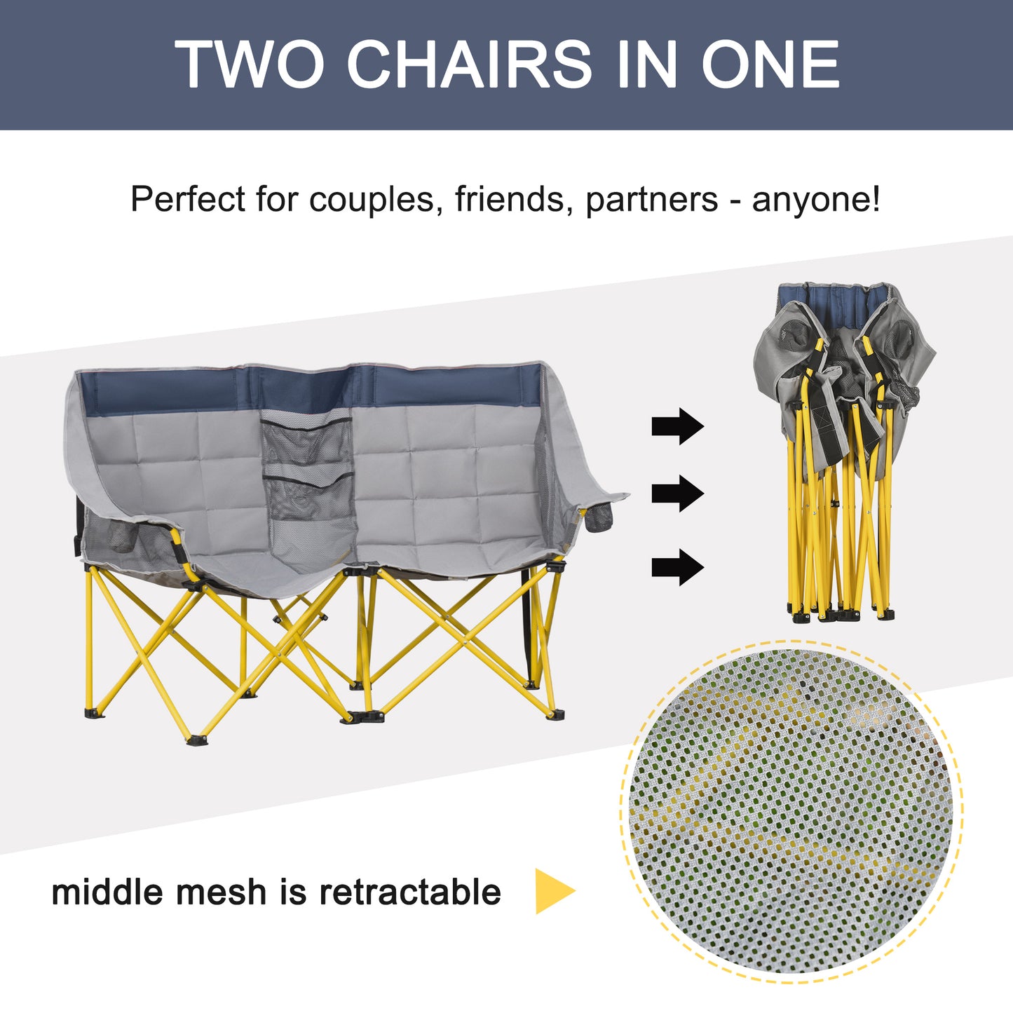 Compact Double Seat Folding Camping Chair with Storage & Cup Holder, Navy Blue Picnic Tables & Camping Chairs   at Gallery Canada