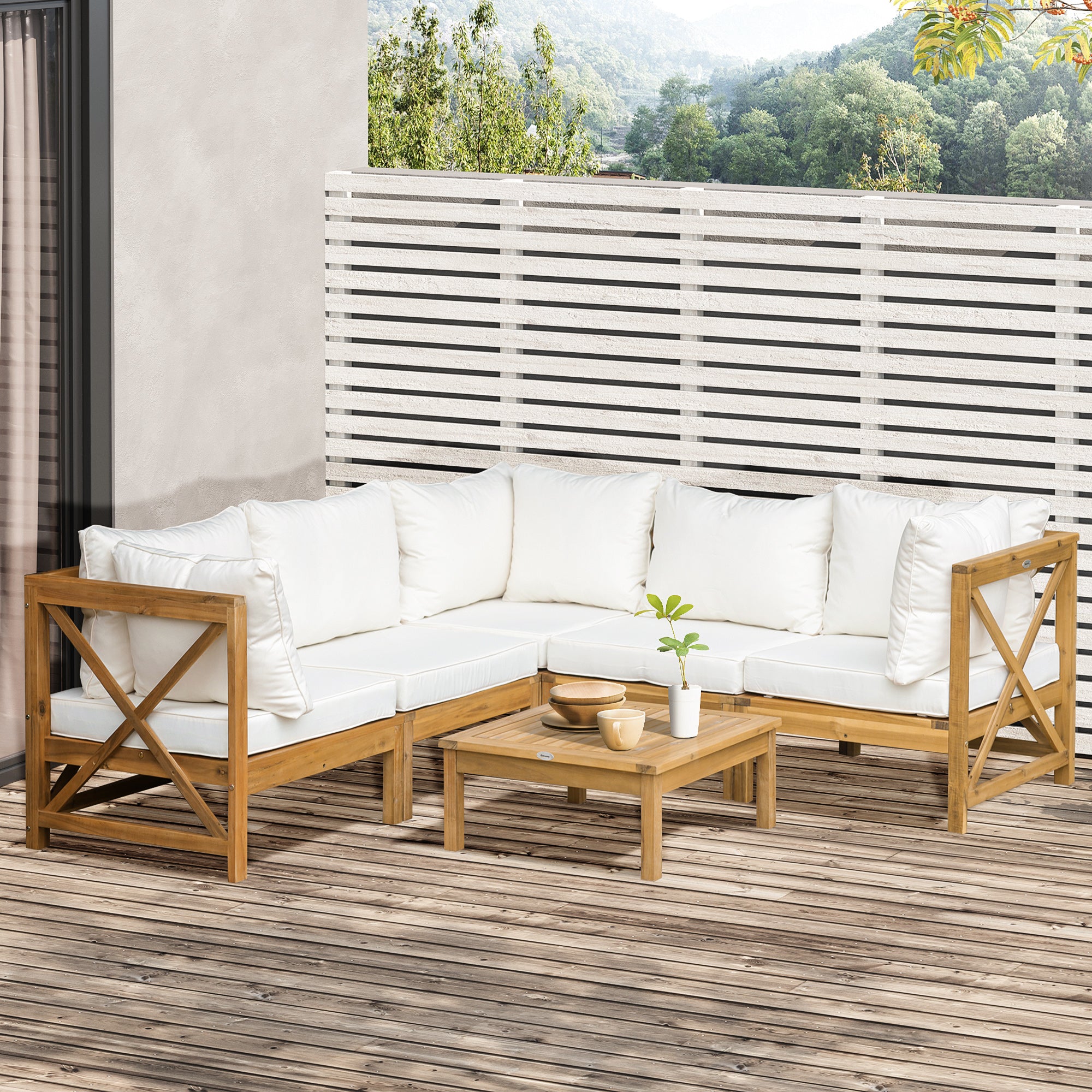 6-Piece Wooden Patio Sofa Sectional Set with 5 Sofas, 1 Coffee Table, 5 Cushions &; 8 Pillows, Cream White Patio Furniture Sets   at Gallery Canada