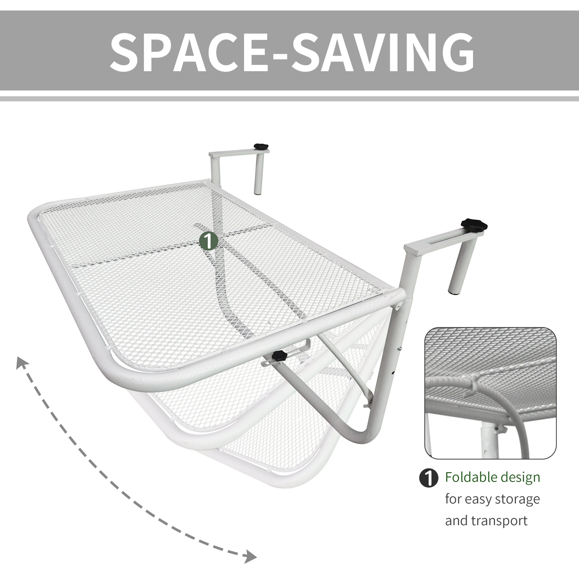Adjustable Balcony Hanging Railing Table, Metal Mounting Mini Wall Desk Storage Rack, Outdoor Flower Stand Serving Table Rectangle, White Balcony Table Hanging   at Gallery Canada