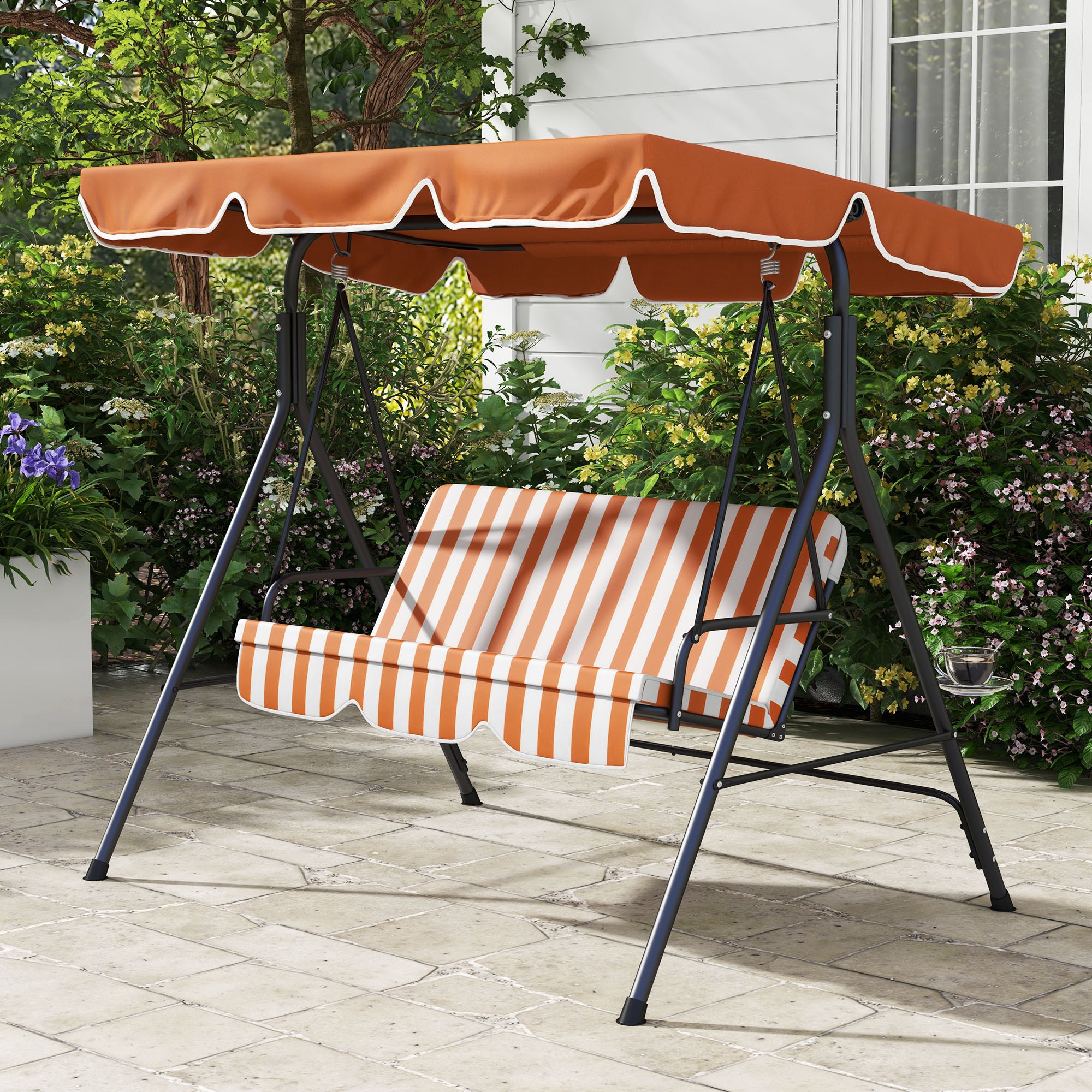 3-Seater Outdoor Porch Swing with Adjustable Canopy, Patio Swing Chair for Garden, Poolside, Backyard, Orange Patio Swings with Stand   at Gallery Canada