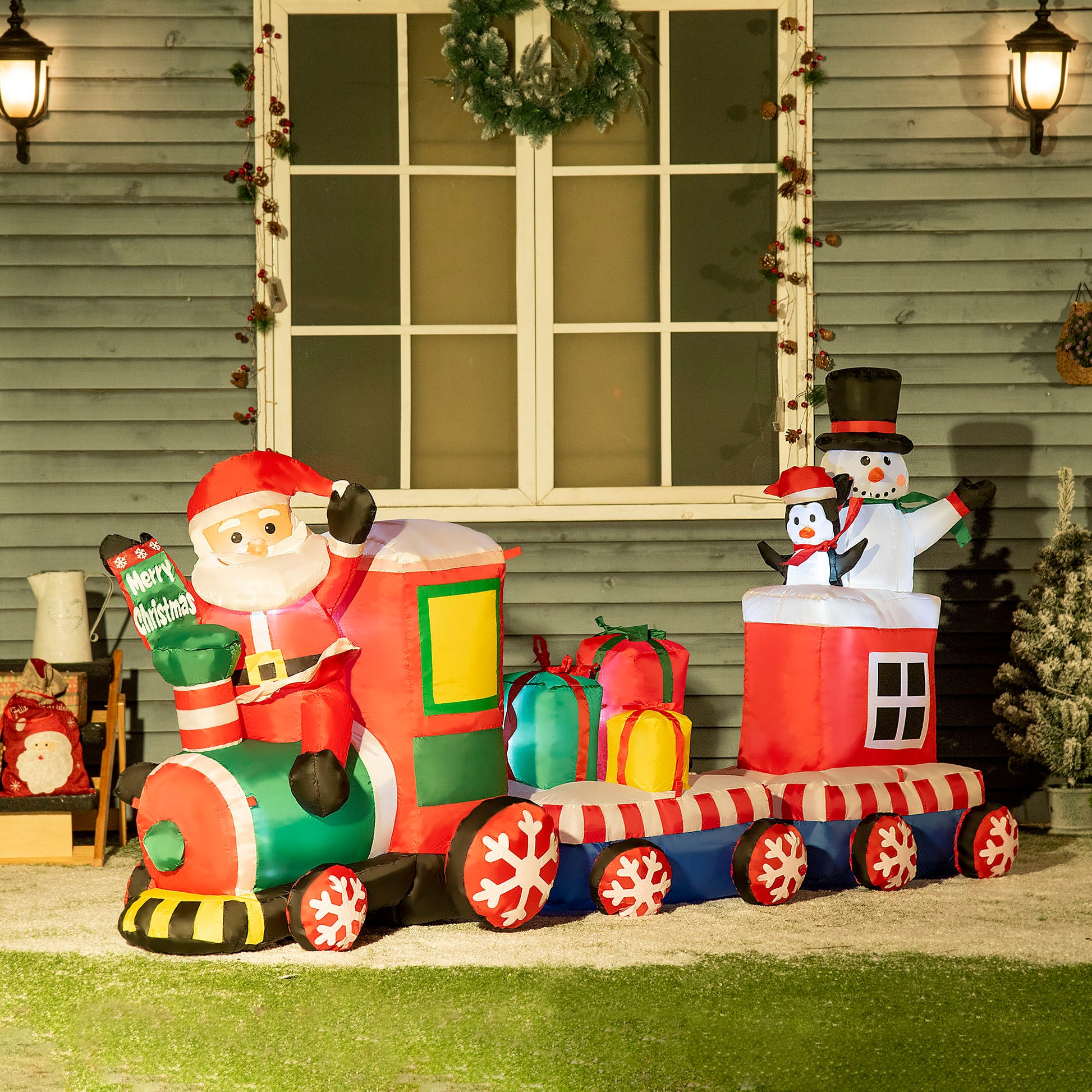 8ft Inflatable Christmas Train with Santa Claus, Snowman, Penguin and Gift Boxes, Blow-Up Outdoor LED Yard Display for Lawn Garden Party Christmas Inflatables   at Gallery Canada