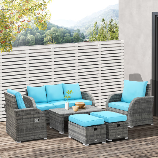 6 Pieces Patio Furniture Set, Conversation Set Wicker Sectional Set Cushioned Outdoor Rattan 3-Seat Sofa, 2 Adjustable Recliners, 2 Footstools &; Table Set for Lawn Garden Backyard, Sky Blue - Gallery Canada