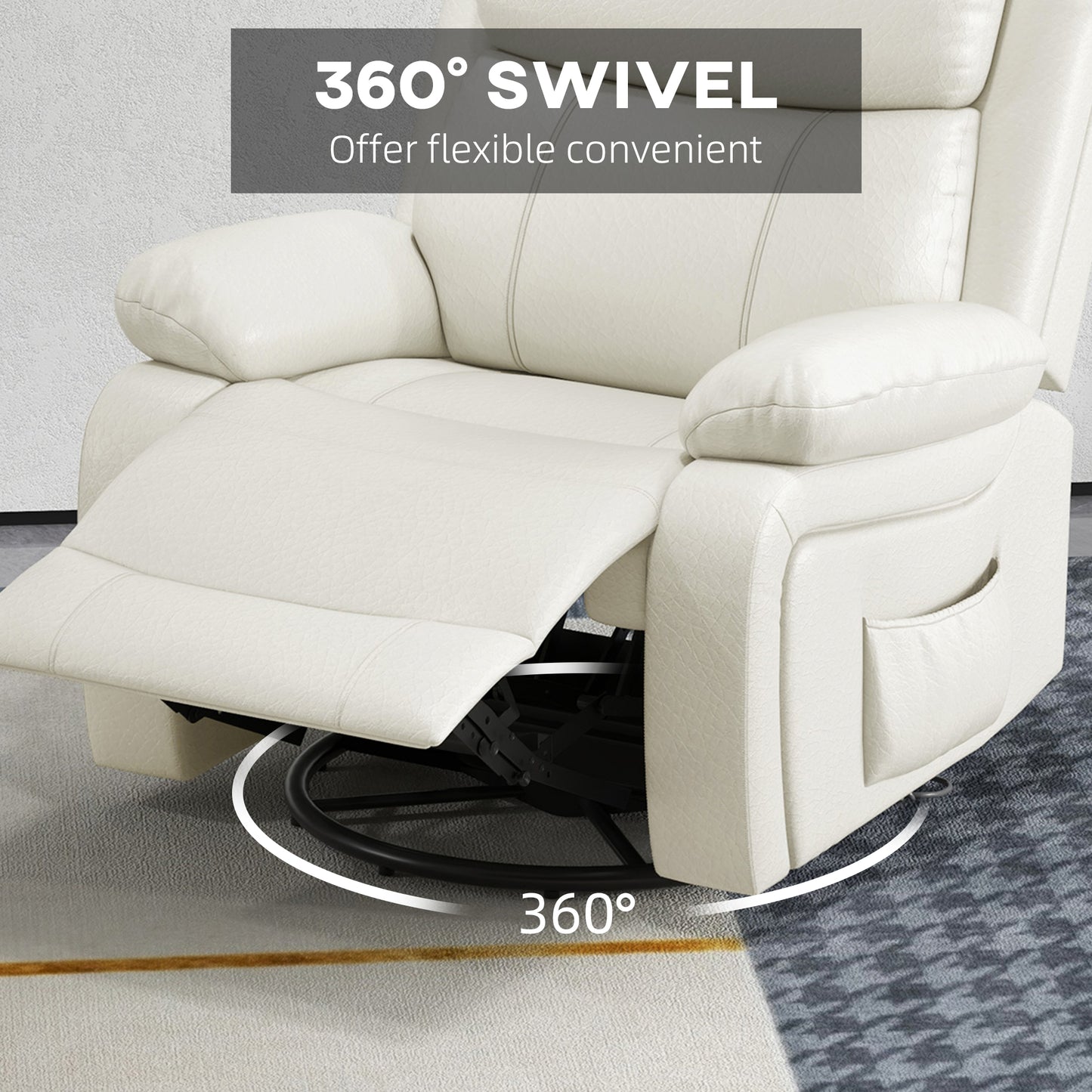 PU Leather Reclining Chair with Vibration Massage Recliner, Swivel Base, Rocking Function, Remote Control, Cream White - Gallery Canada