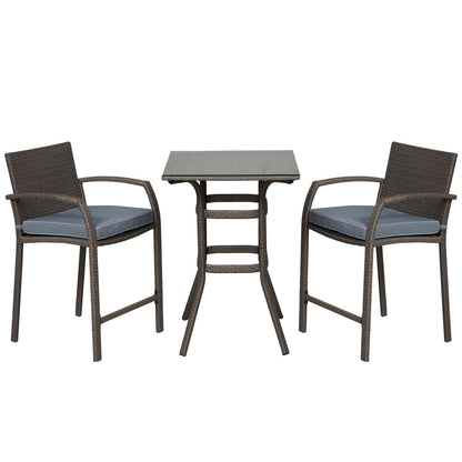 3 Pieces Patio Bar Set Wicker Garden Bistro Set Outdoor Furniture PE Rattan Table and Stools with Seat Cushion, Grey Bistro Sets   at Gallery Canada