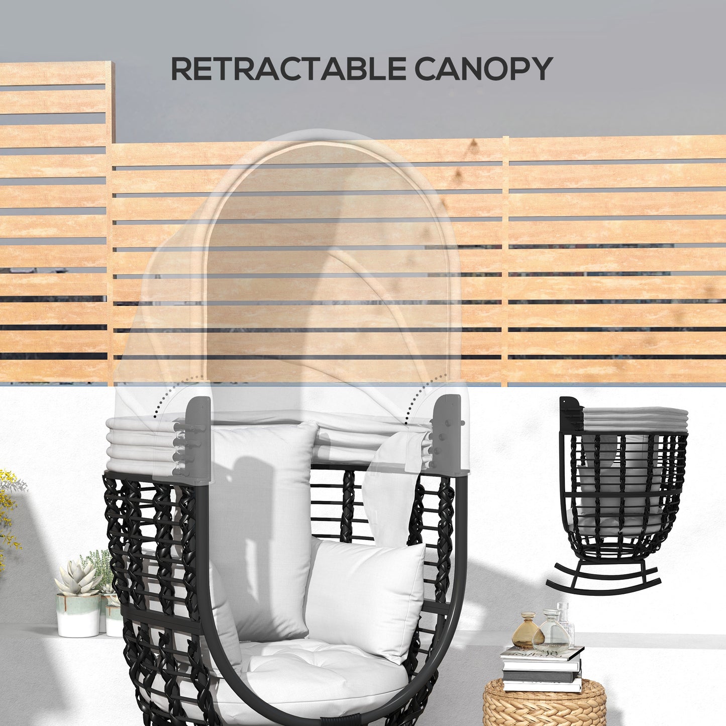 Outdoor PE Rattan Rocking Chair with Retractable Canopy, Cushions, for Garden, Balcony, Porch, Patio, Grey Patio Chairs   at Gallery Canada