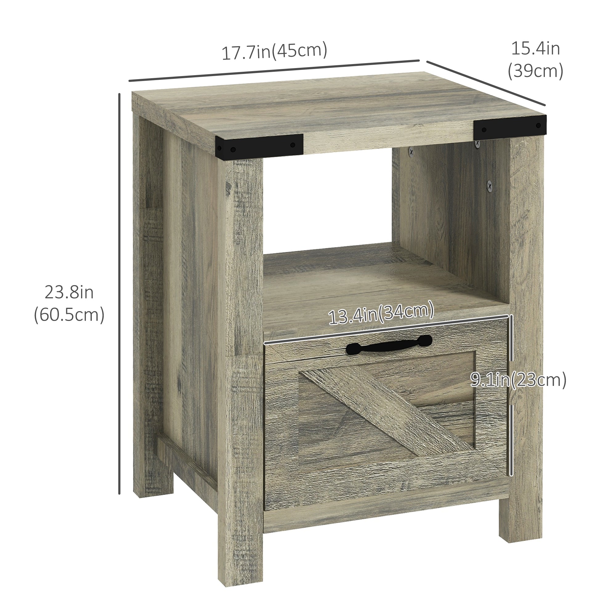 Side Table with Storage, Farmhouse End Table with Drawer, Open Shelf and Barn-style Panel, Accent Table for Living Room, Bedroom, Grey Side Tables   at Gallery Canada