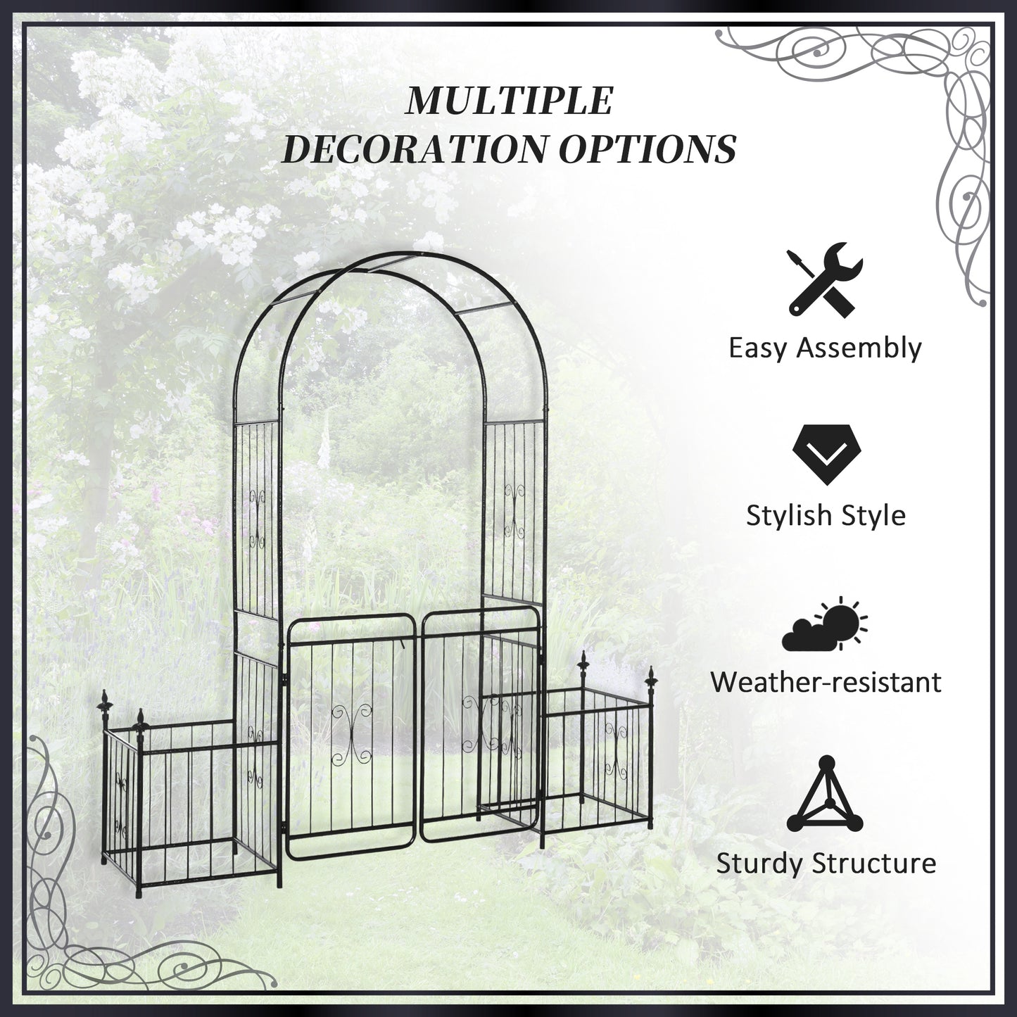 7.2FT Metal Garden Arbor Arch with Double Doors, 2 Side Planter Baskets, Climbing Vine Frame, Black Garden Arches   at Gallery Canada