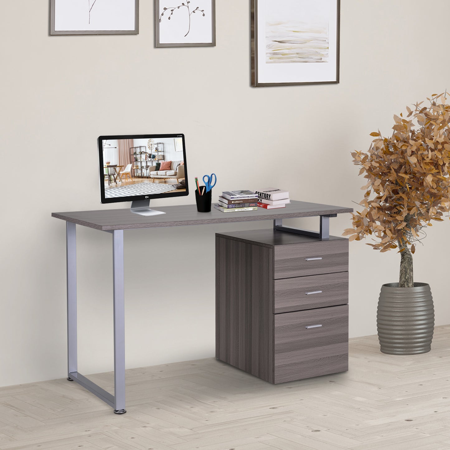 47" L Computer Desk Writing Table Workstation with Multi-Use Reversible File Drawers Metal Frame Home Office Furniture, Dark Wood Grain Writing Desks   at Gallery Canada