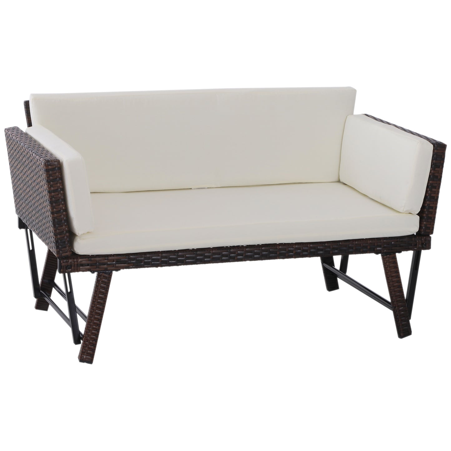 Convertible Rattan Sofa Bed Chaise Lounge Wicker Loveseat Armchair Double Seat with Cushion All Weather Patio Furniture Brown Patio Furniture Sets Cream and Brown  at Gallery Canada