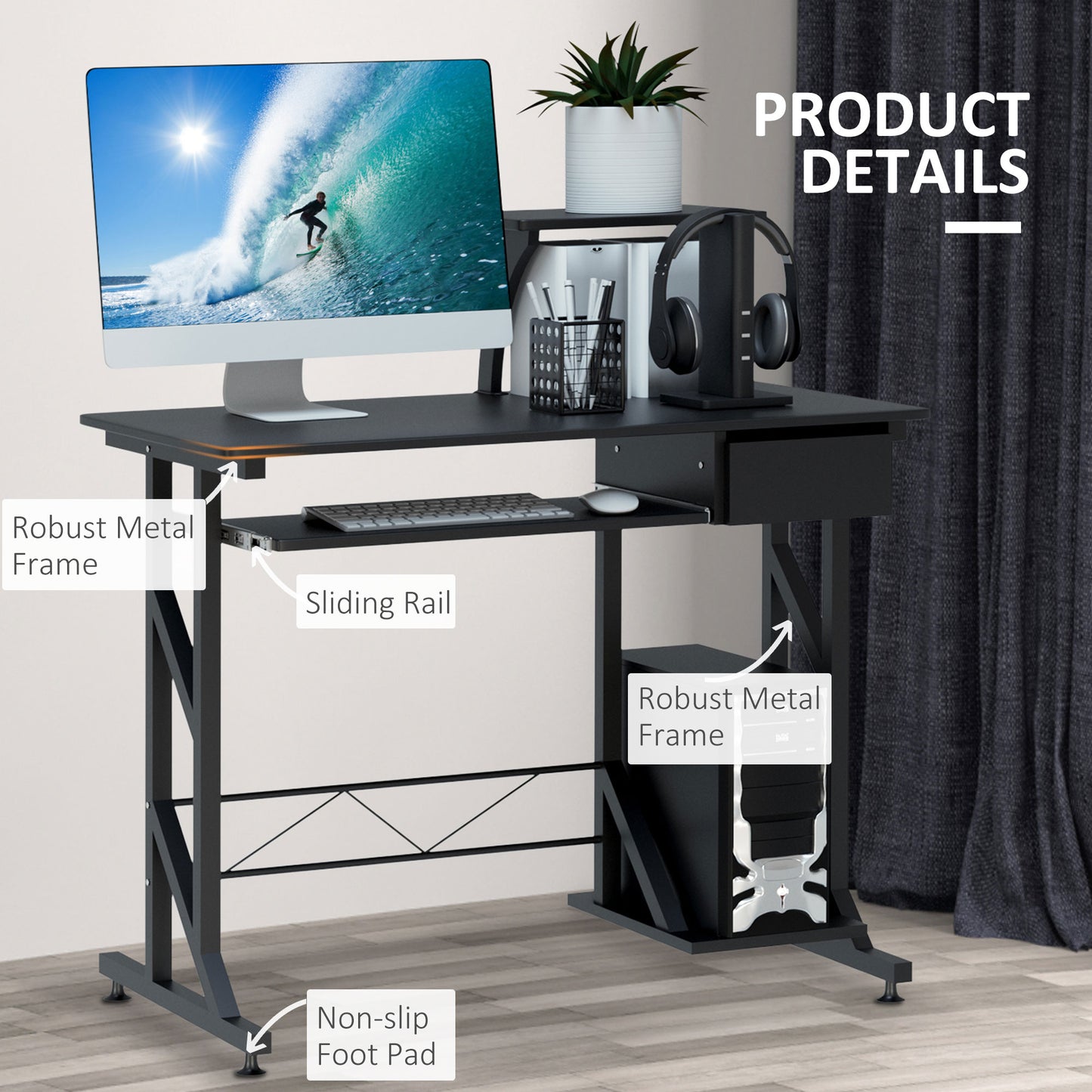 Computer Desk with Keyboard Tray, Writing Desk with Drawer, Workstation for Home Office, Black (35.4"Lx19.7"Wx37.4"H) Computer Desks   at Gallery Canada