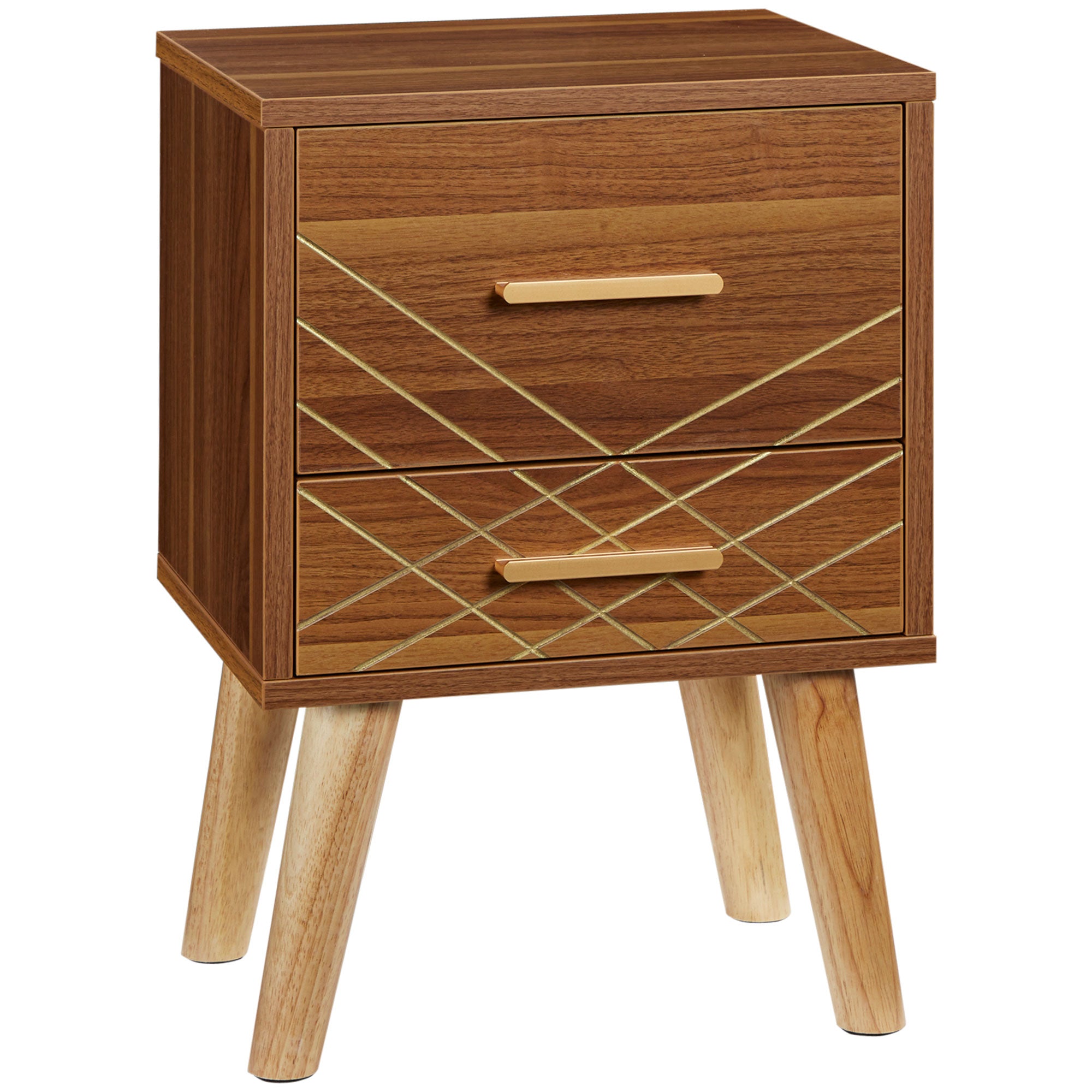 Scandinavian Bedside Table, Side End Table with 2 Drawers and Wood Legs, 13.8