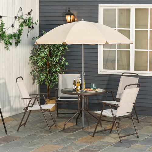 6 Pieces Outdoor Dining Set for 4 with Umbrella Patio Outdoor Furniture Set with Round Table 4 Folding Chairs Cream