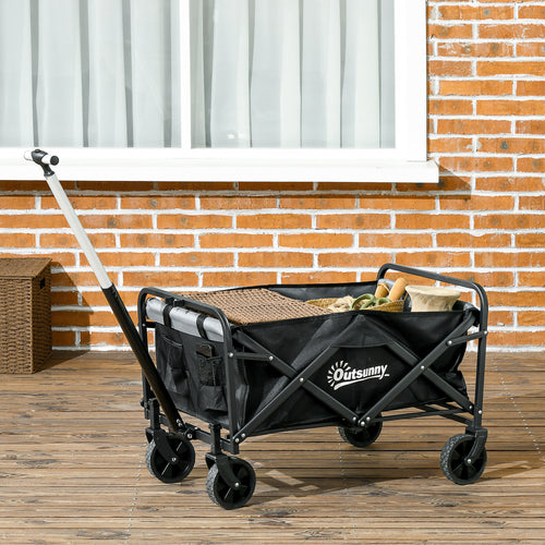 Steel Frame Folding Garden Cart, Collapsible Wagon with Telescopic Handle and All-Terrain Wheels