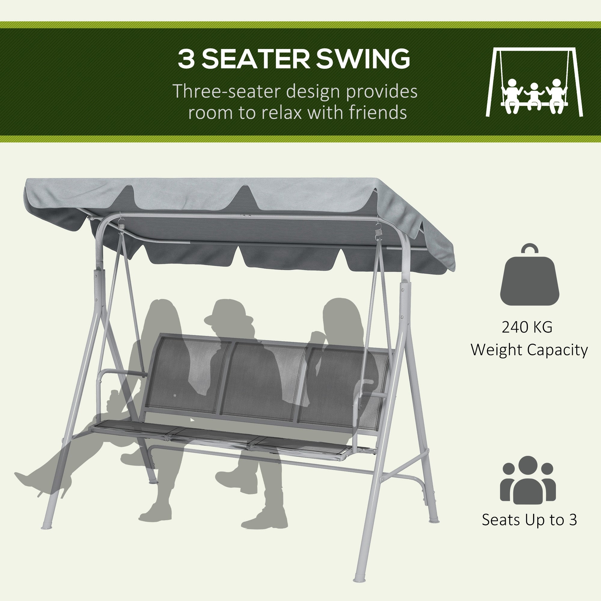 3-Seater Outdoor Swing Chair, Patio Swing, A Frame Porch Swing with Canopy, Garden Hammock Glider Bed, Light Grey Patio Swings with Stand   at Gallery Canada