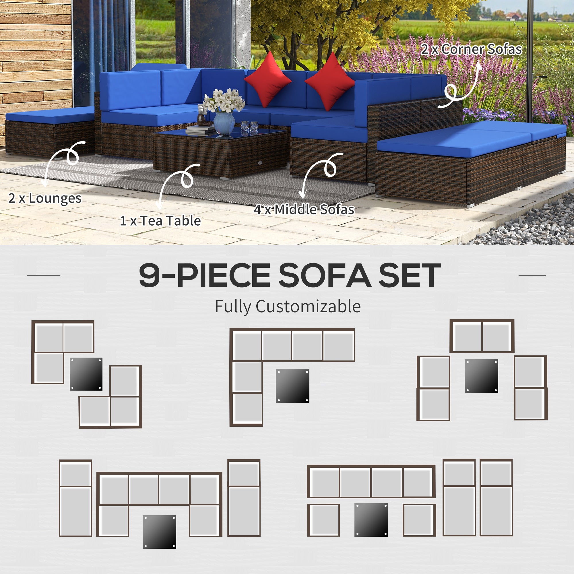 9 Pieces Wicker Patio Furniture Set with Cushion, Navy Blue Patio Furniture Sets   at Gallery Canada