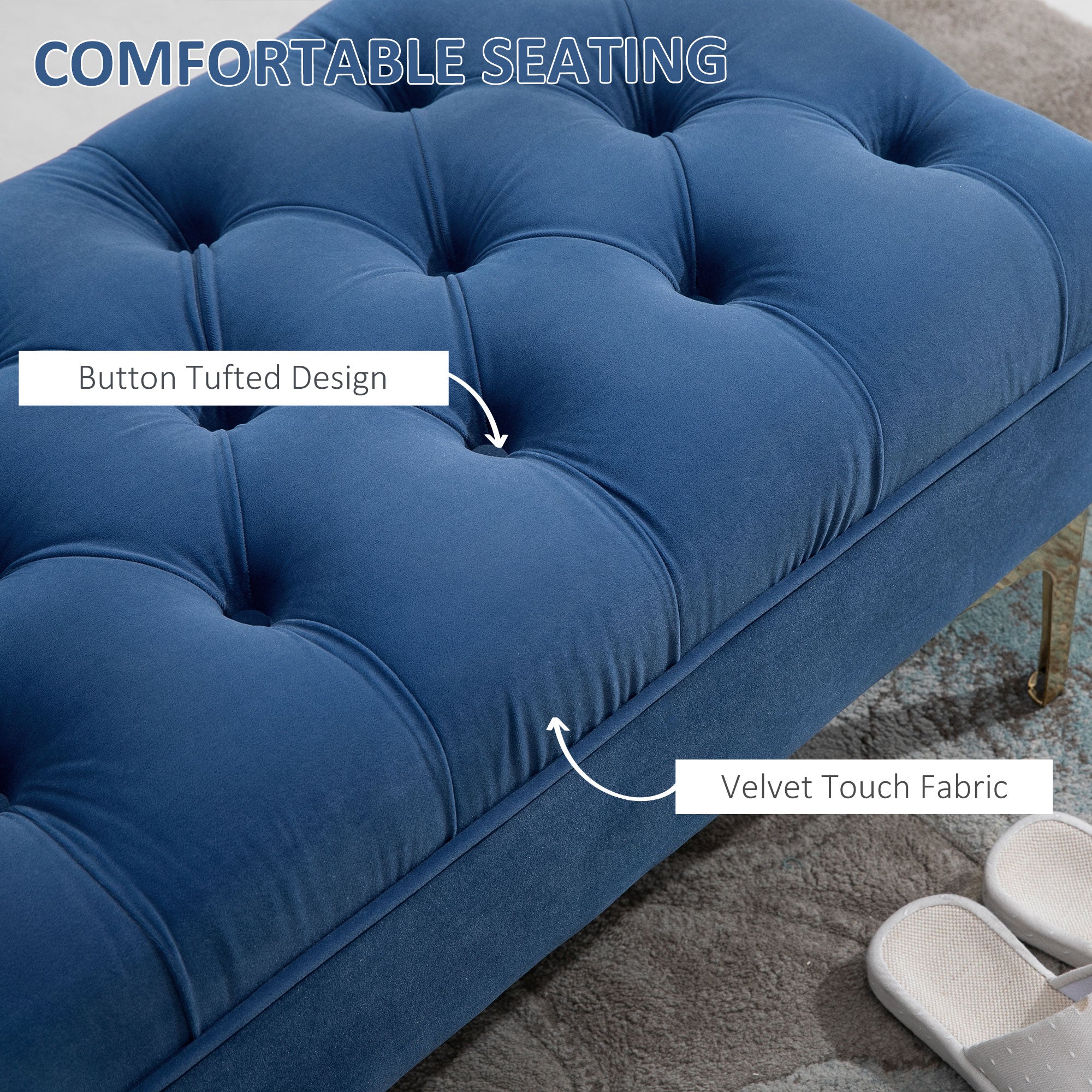 Velvet Upholstered Bench, End of Bed Bench, Entryway Shoe Bench with Button Tufted for Living Room, Bedroom, Blue Storage Ottomans & Benches   at Gallery Canada