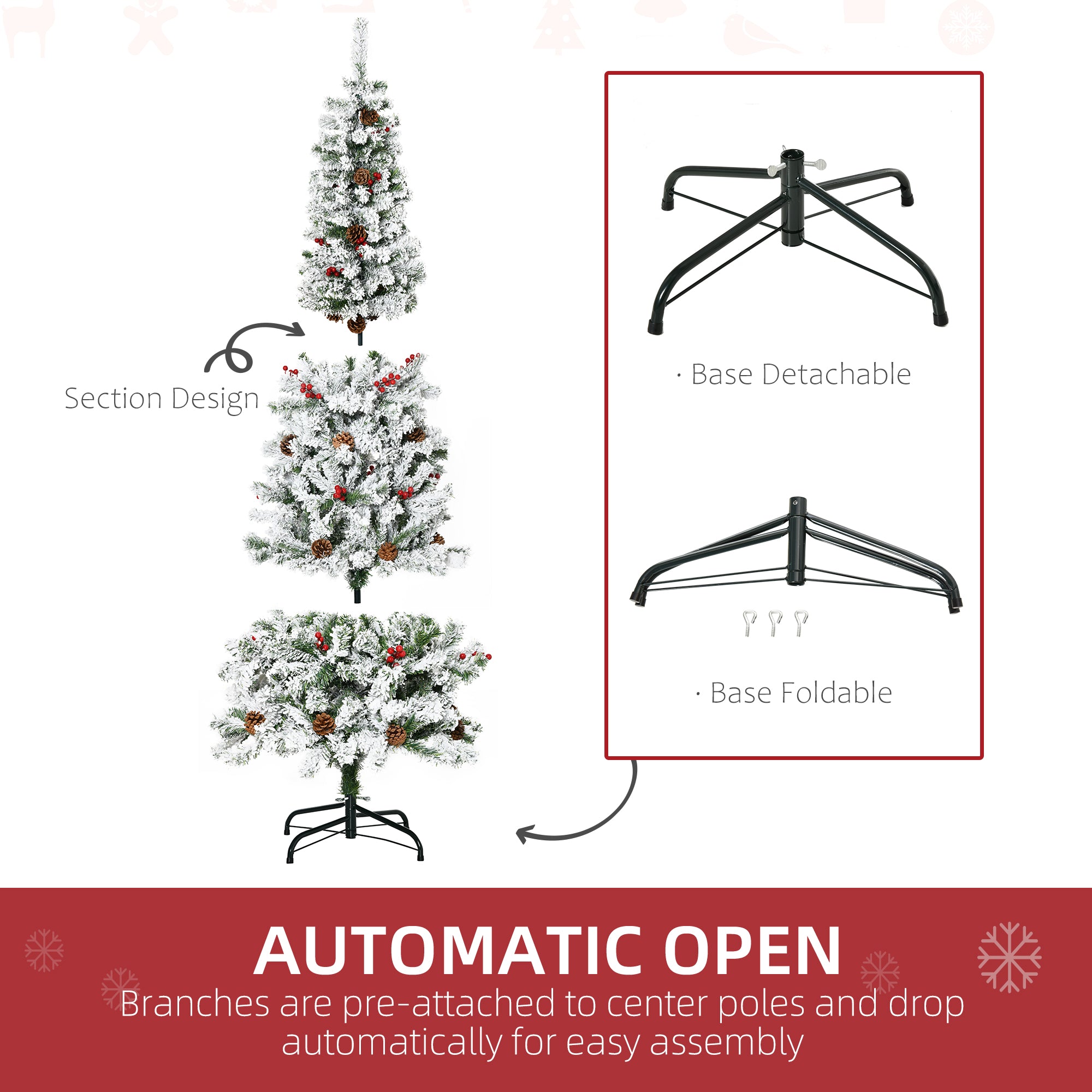 6 Foot Pencil Snow Flocked Artificial Christmas Tree with 600 Pine Realistic Branches, Pine Cones, Red Berries, Auto Open, Green Pencil Christmas Trees   at Gallery Canada