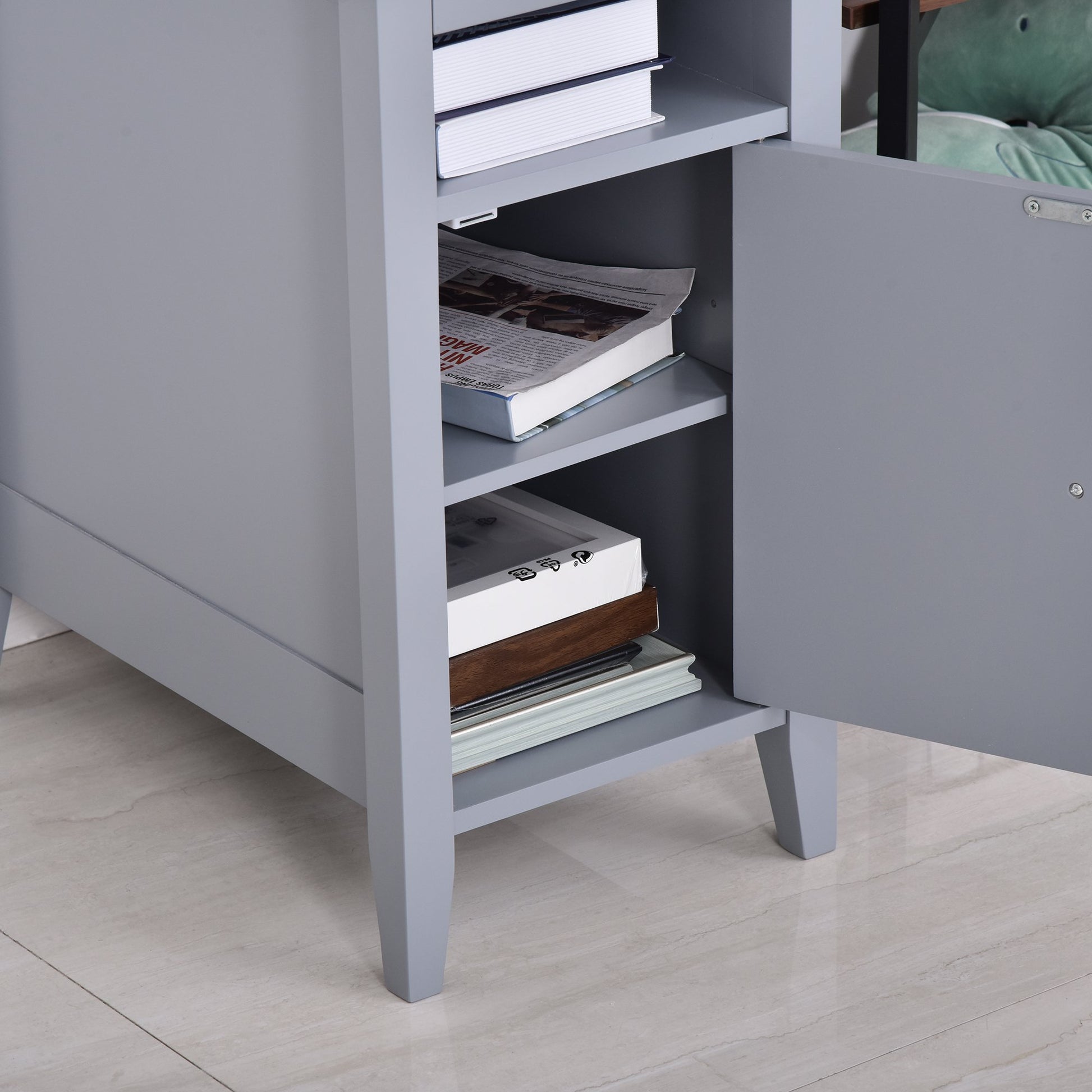 Wooden3-Tier Modern Nightstand with Pullout Shelf, Adjustable Open Shelf, and Door Cabinet, Grey Side Tables   at Gallery Canada