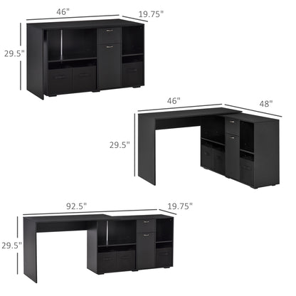 Convertible L-Shaped Computer Desk, Corner Table wth 3 Fabric Storage Boxes, Retractable Home Office Desk, Black Writing Desks Black  at Gallery Canada