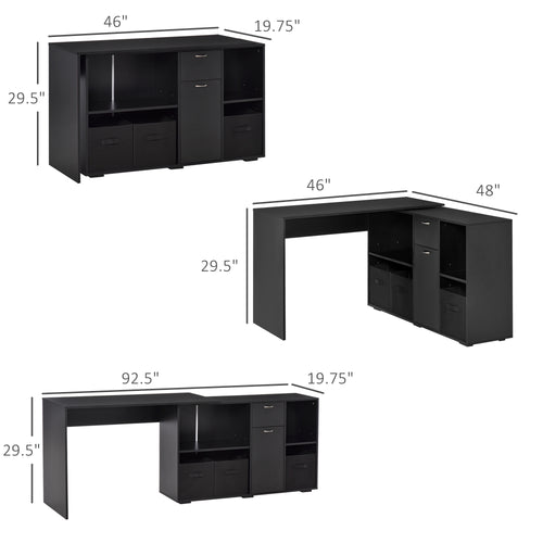 Convertible L-Shaped Computer Desk, Corner Table wth 3 Fabric Storage Boxes, Retractable Home Office Desk, Black