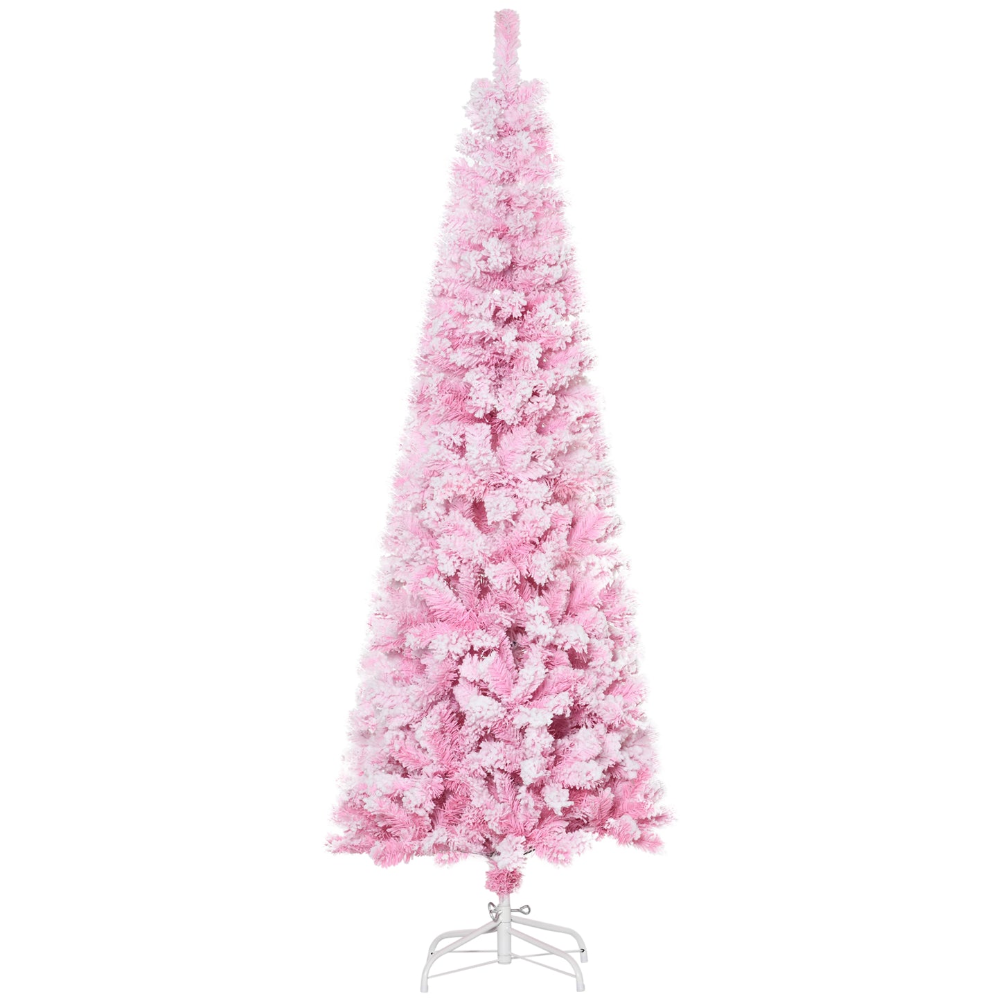 6 FT Snow Flocked Artificial Christmas Tree, Pencil Xmas Tree with Realistic Branches, Auto Open and Steel Base, Pink Artificial Christmas Trees Multi Colour  at Gallery Canada