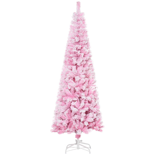 6 FT Snow Flocked Artificial Christmas Tree, Pencil Xmas Tree with Realistic Branches, Auto Open and Steel Base, Pink