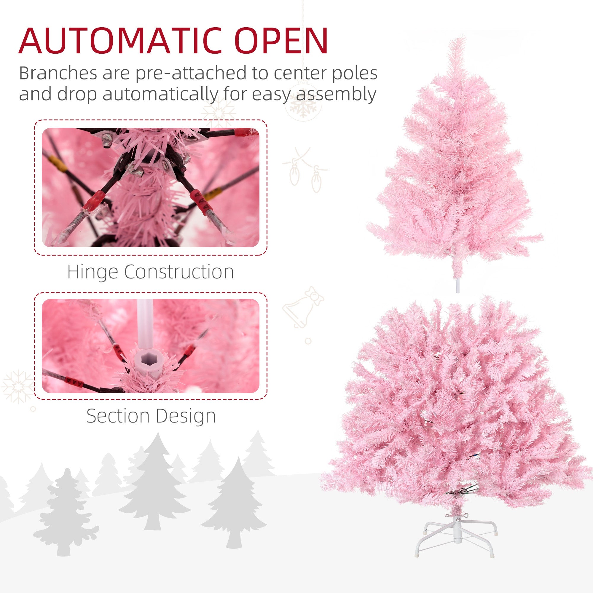 5' Artificial Pink Christmas Tree with Auto Open, Steel Base, Wide Shape for Indoor Xmas Decoration Artificial Christmas Trees   at Gallery Canada