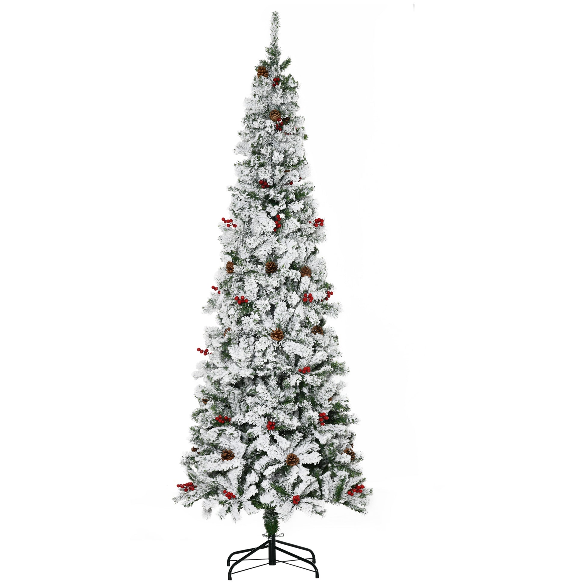 7.5 Foot Pencil Snow Flocked Artificial Christmas Tree with 950 Pine Realistic Branches, Pine Cones, Red Berries, Auto Open, Green Pencil Christmas Trees Multi Colour  at Gallery Canada