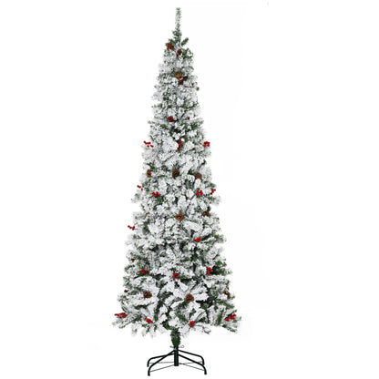 7.5 Foot Pencil Snow Flocked Artificial Christmas Tree with 950 Pine Realistic Branches, Pine Cones, Red Berries, Auto Open, Green Pencil Christmas Trees Multi Colour  at Gallery Canada