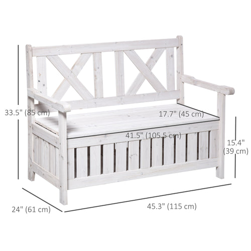 Wooden Outdoor Storage Bench 2-Person Patio Bench with Louvered Side Panels and X-Shape Back for Garden, Patio, White