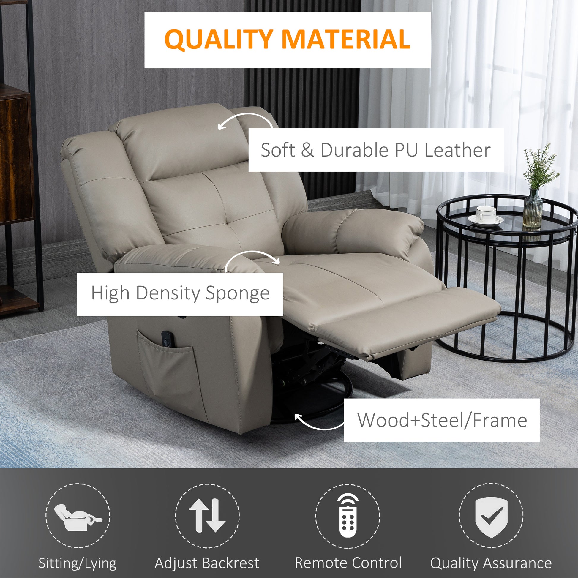 8-Point Vibration Massage Recliner Chair for Living Room, PU Leather Reclining Chair, Swivel Recliner with Remote Control, Rocking Function, Grey Single Sofas   at Gallery Canada