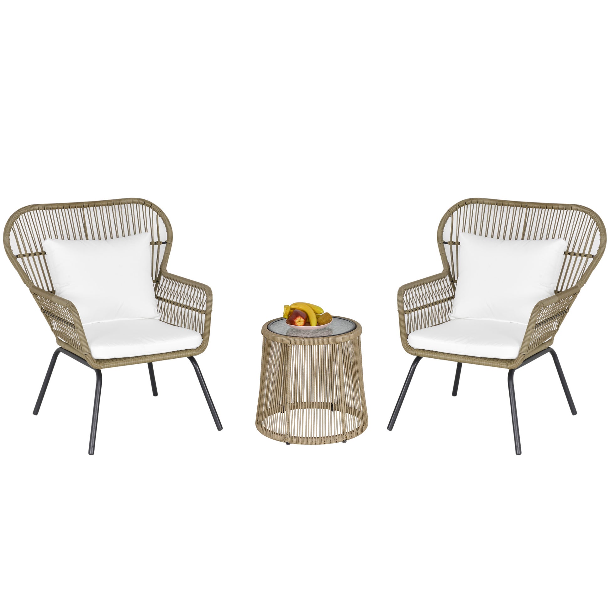 3 Pieces Outdoor Patio Bistro Set, Wicker Rattan Furniture 2 Chairs 1 Coffee Table with Metal Legs for Garden, Backyard, Deck, Coffee and White Bistro Sets Multi Colour  at Gallery Canada