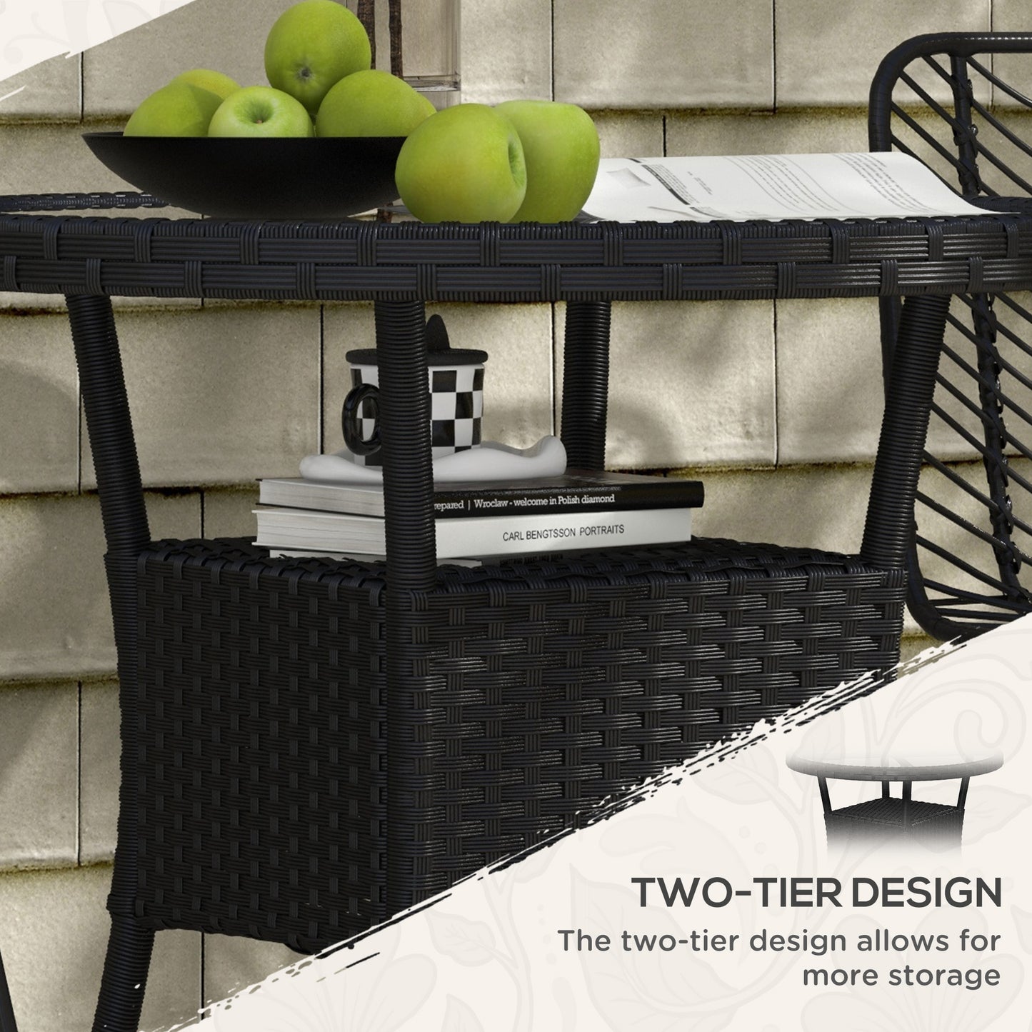 Φ31.5" Outdoor Wicker Dining Table, PE Rattan Patio Furniture with 2-Tier Storage Shelf, Metal Frame Round Garden Table with Glass Top Table, Black Patio Dinning Tables   at Gallery Canada